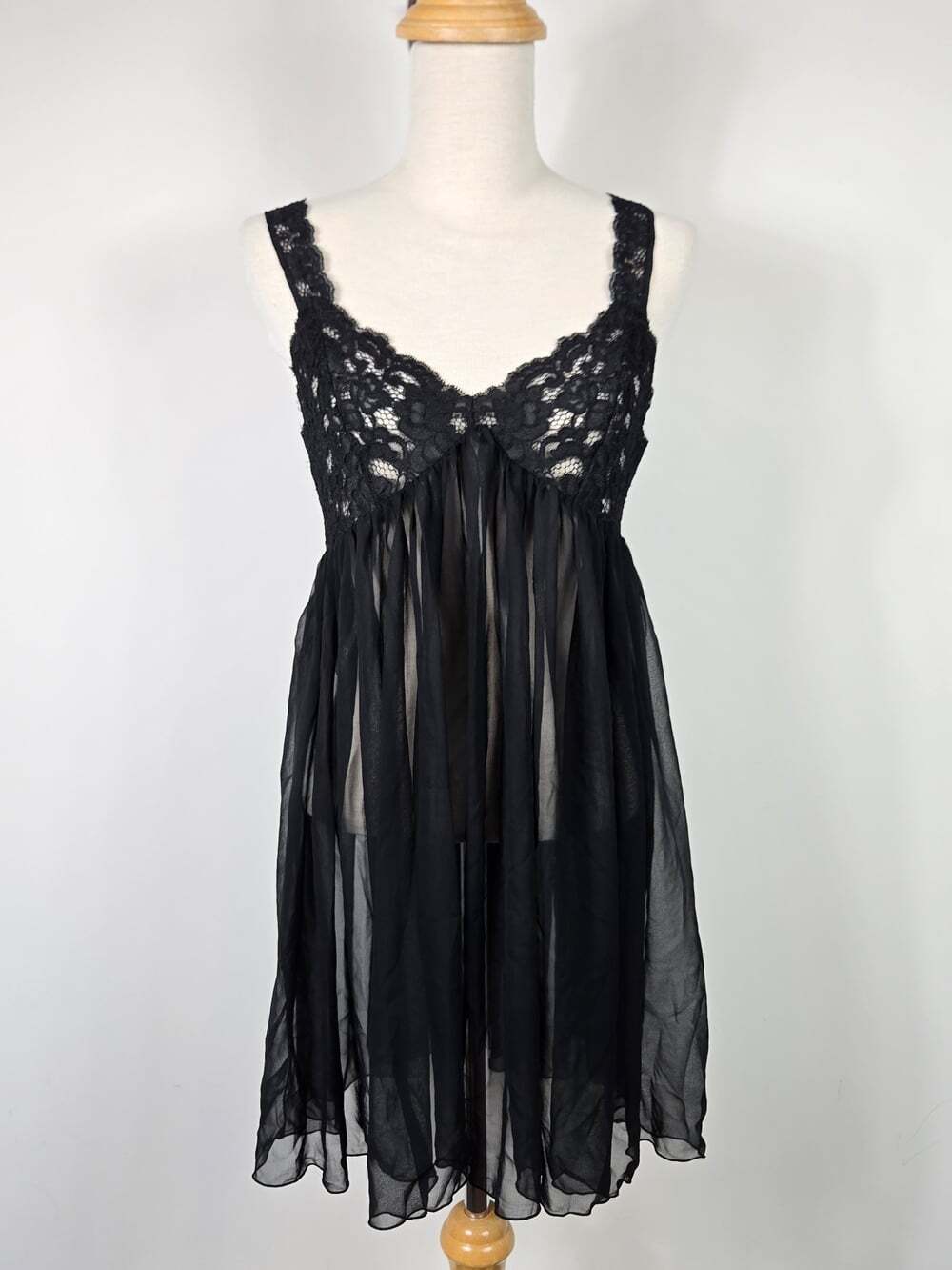 Scandale Paris Vintage Black Lace Chiffon Babydoll Mini Nightgown Lingerie Small - Picture 10 of 16